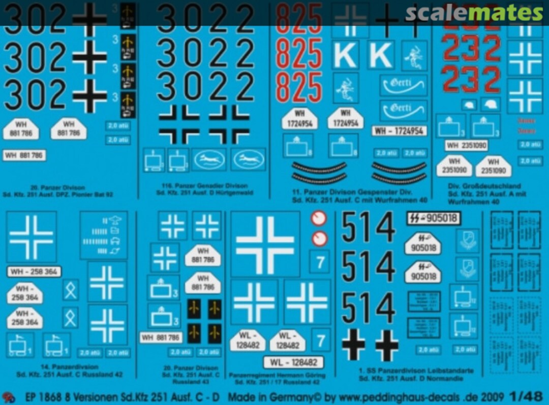 Boxart 7 verschiedene Sd Kfz 251 Ausf. C & D EP 1868 Peddinghaus-Decals