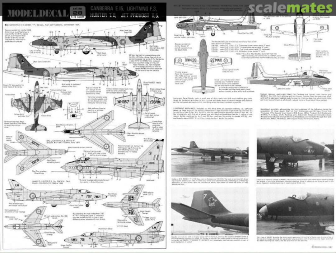 Contents Canberra E.15, Lightning F.3, Hunter T.8, Jet Provost T.5. 28 Modeldecal