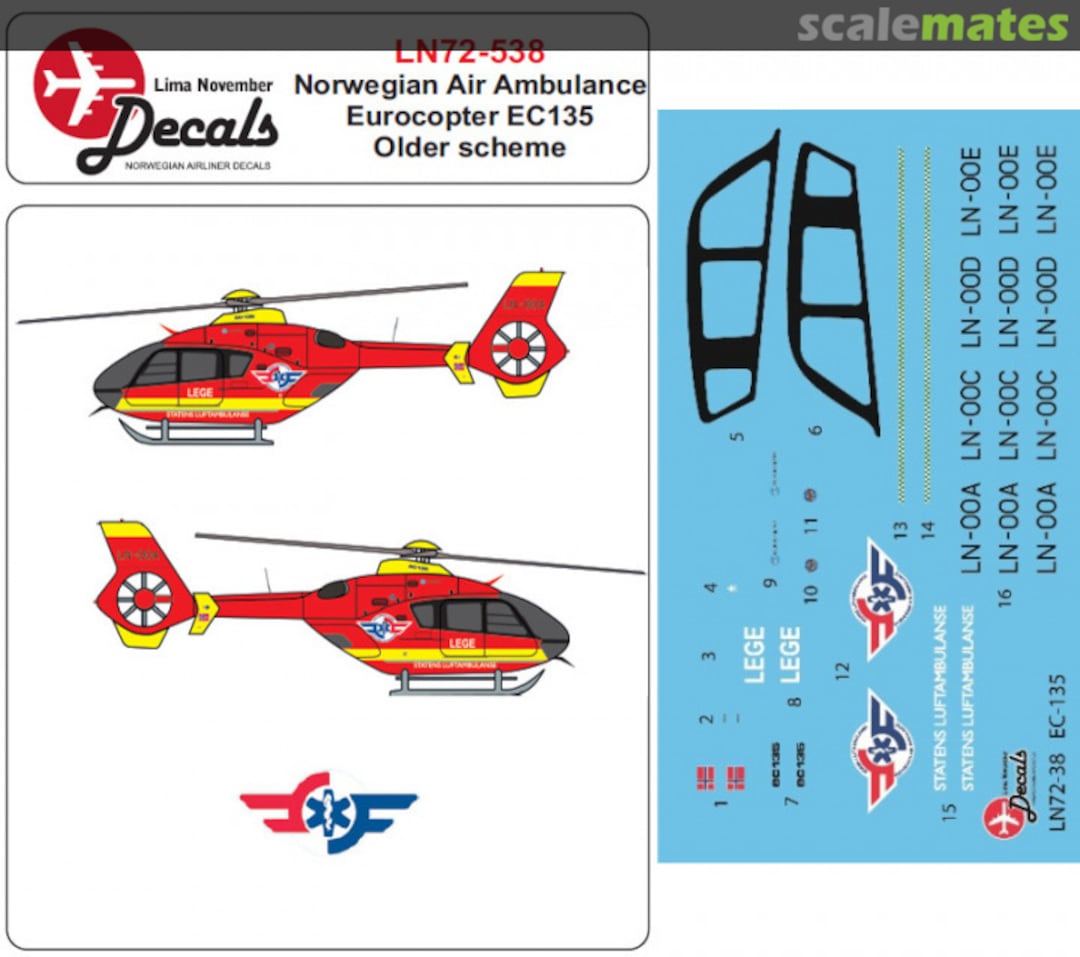 Boxart Norwegian Air Ambulance older scheme Eurocopter EC135 LN72-538 Lima November Decals