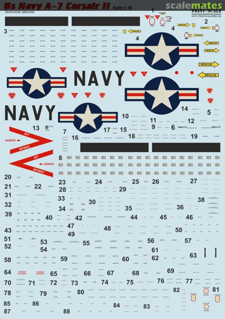 Boxart US Navy A-7 Corsair ll Techical stencils 48-128 Print Scale