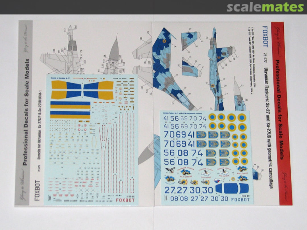 Boxart Ukrainian Flankers: Su-27 and Su-27UB with geometric camouflage and Stencils 72-075 72-077T Foxbot