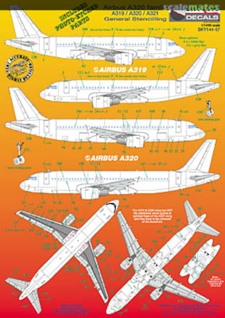 Boxart Airbus A319 - A320 - A321 General Stencilling+ Photo-Etch parts SKY144-57 Skyline Decals