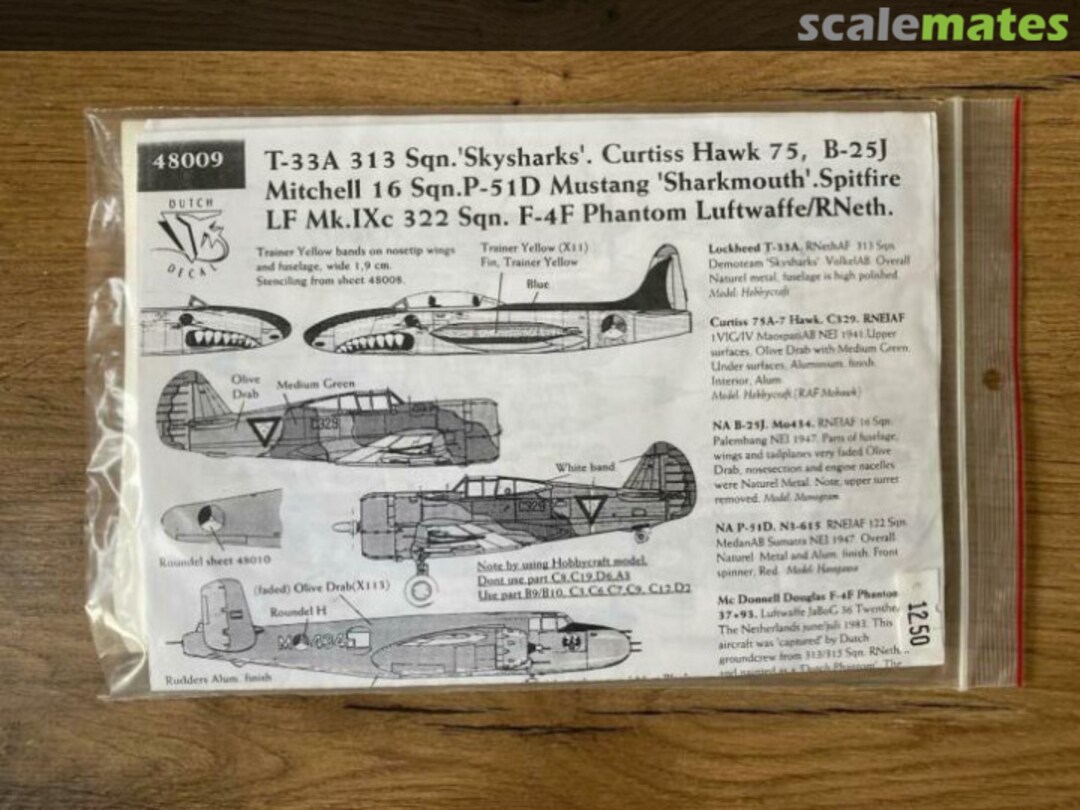 Boxart T-33A, Hawk 75, B-25J, P-51D, Spitfire en F-4f Phantom 48009 Dutch Decal