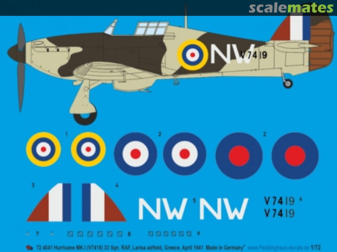 Boxart Hurricane MK.I (V7419) 33 Sqn, RAF, Larisa airfield, Greece, April 1941 72 4041 Peddinghaus-Decals