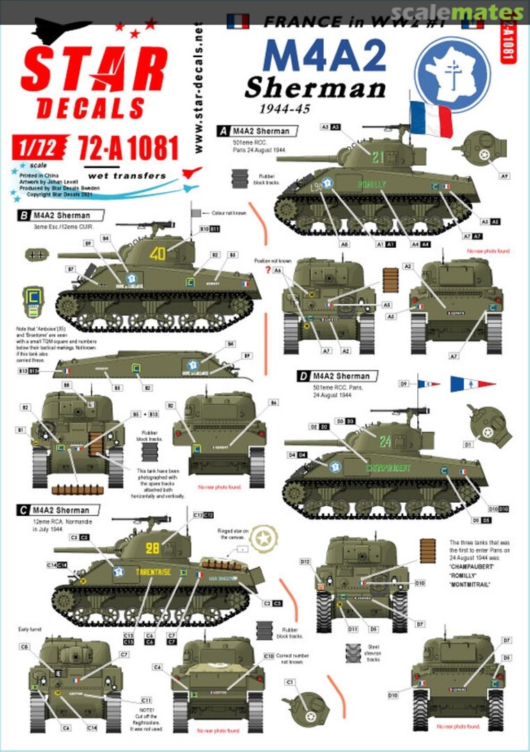 Boxart French M4A2 Sherman 72-A1081 Star Decals