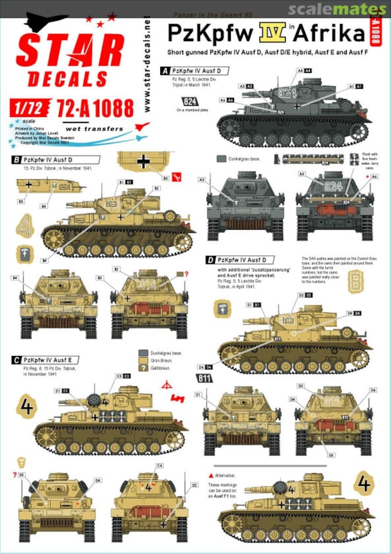 Boxart PzKpfw IV Ausf D, D/E Hybrid, E and F1, in North Africa 72-A1088 Star Decals