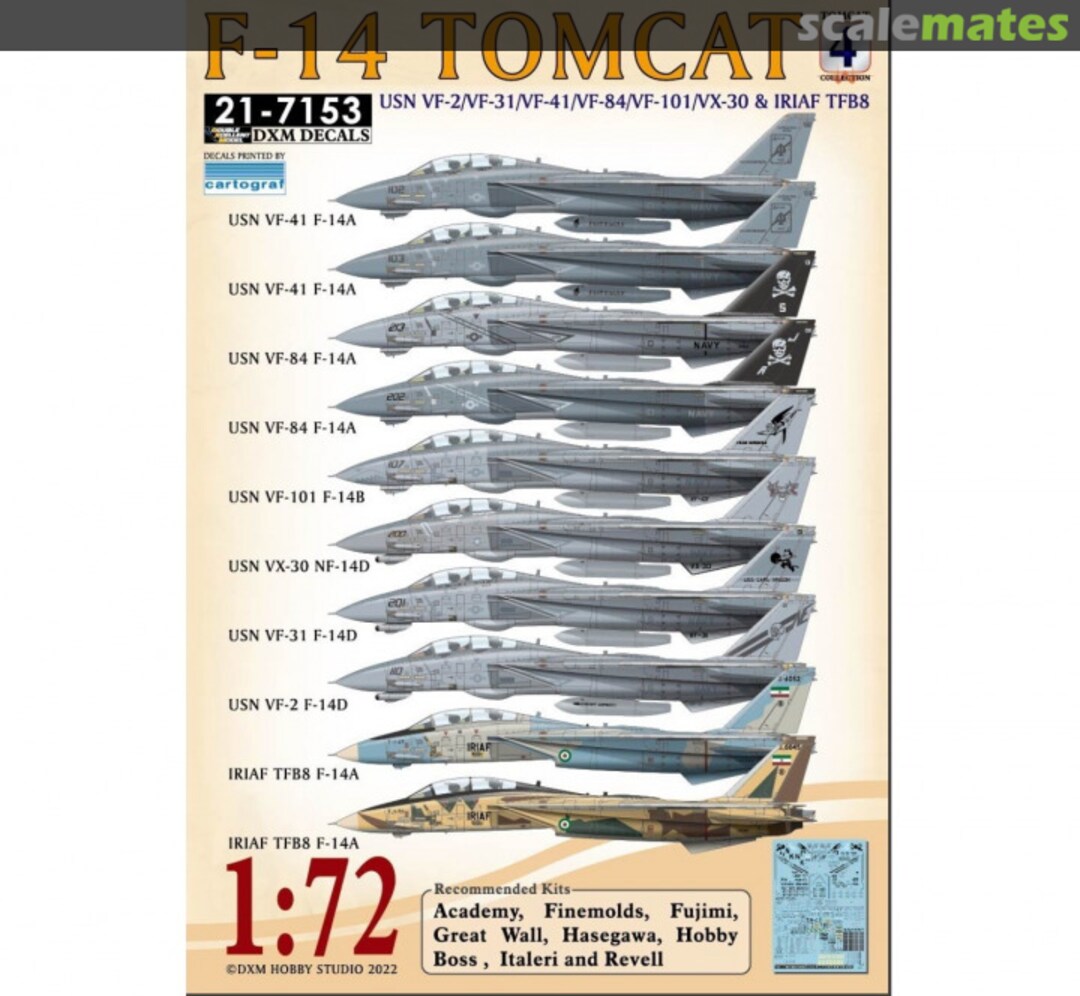 Boxart 1/72 USN F-14A/B/D VF-2/31/41/84/101/VX-30 & IRIAF TFB8 21-7153 DXM Decals