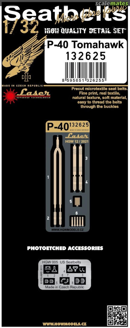 Boxart Curtiss P-40 Tomahawk pre-cut (laser) Seatbelts 132625 HGW Models