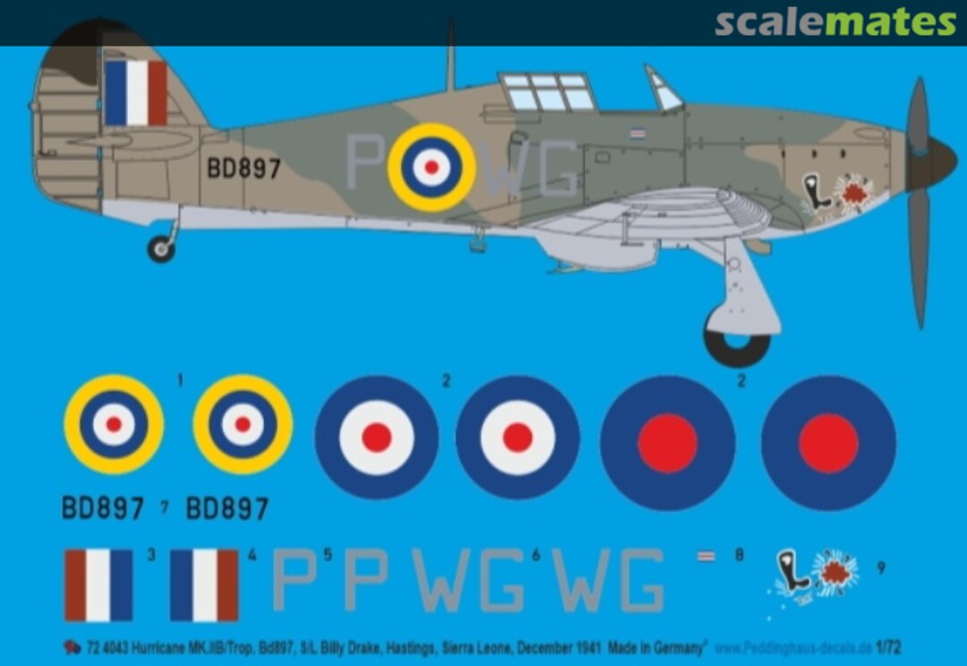 Boxart Hurricane MK IIB/Trop. BD897, S/L Billy Drake, Hastings, Sierra Leone, December 1941 72 4043 Peddinghaus-Decals