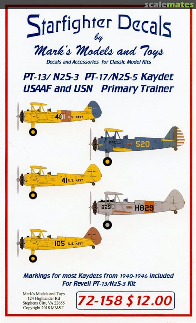 Boxart PT-13/N2S-3 PT-17/N2S-5 Kaydet Primary Trainer 72-158 Starfighter Decals