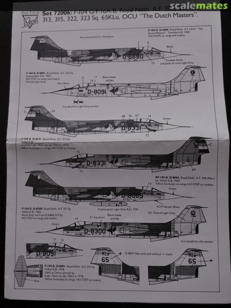 Boxart F-104G/F-16A/B, Royal Neth AF 306, 311, 312, 313, 315, 322, 232Sq 65KLu, OCU "The Dutch Masters" 72006 Dutch Decal