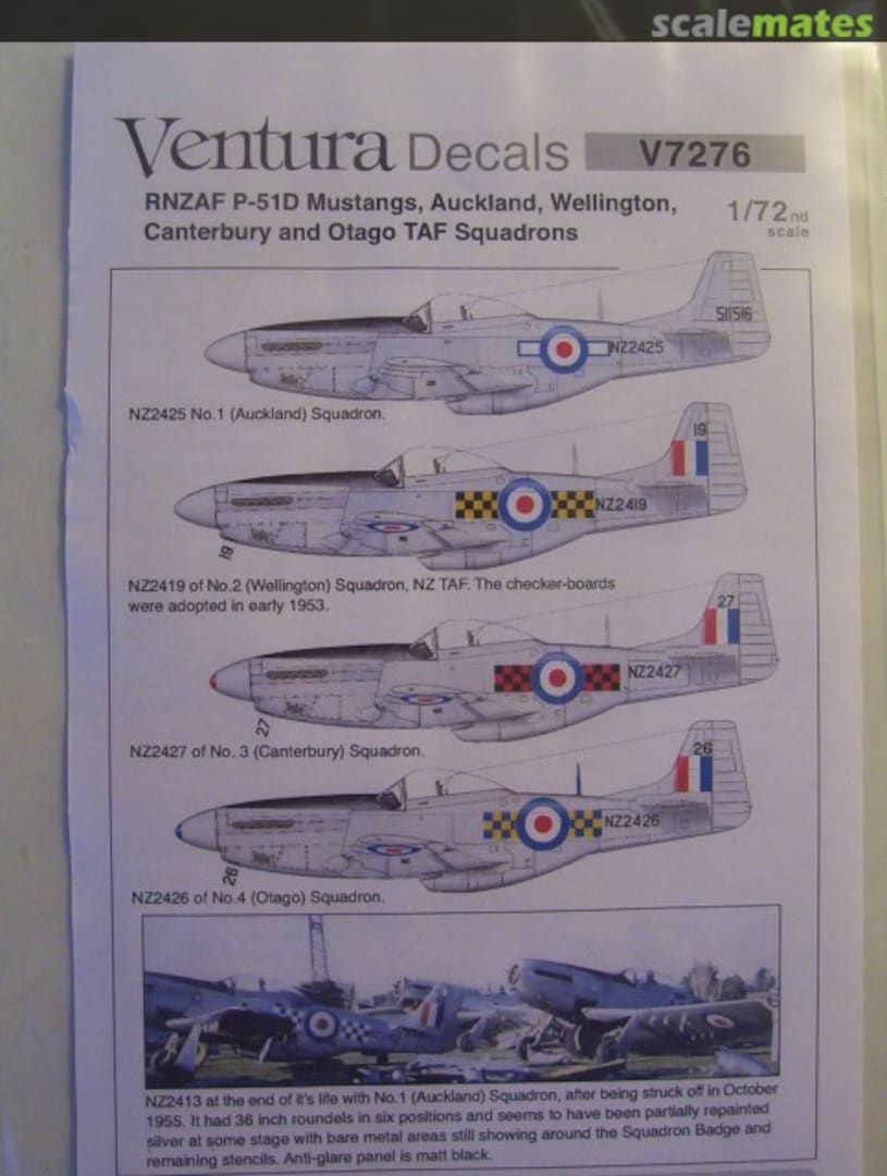 Boxart RNZAF P-51D Mustangs, Auckland, Wellington, Canterbury and Otago TAF Squadrons V7276 Ventura