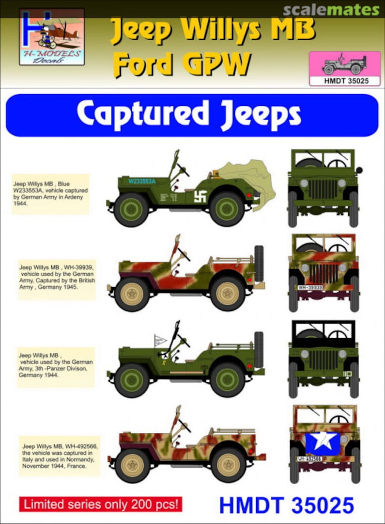 Boxart Willys Jeep MB/Ford GPW: Captured Jeeps HMT35025 H-Models Decals