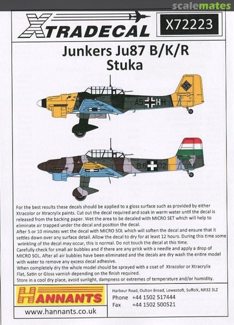 Contents Junkers Ju 87B/K/R Stuka X72223 Xtradecal