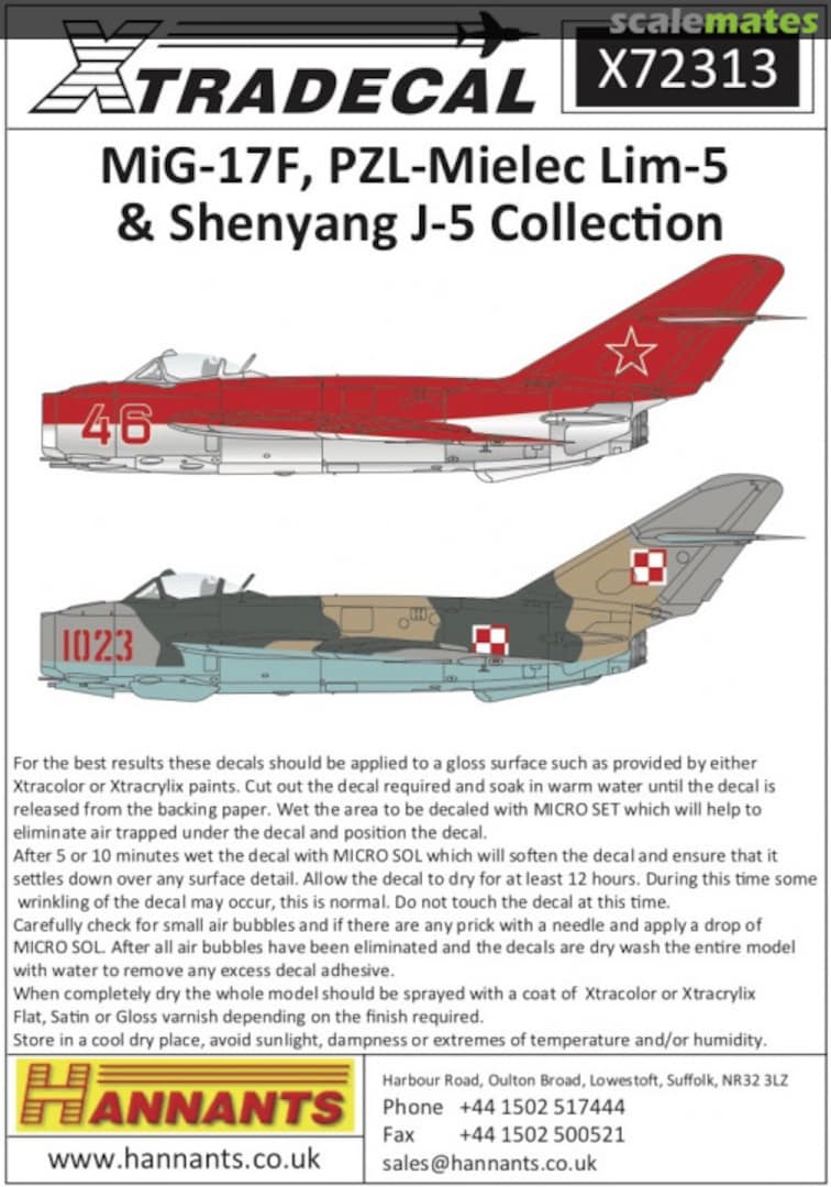 Contents Mikoyan MiG-17F, PZL-Mielec Lim-5 & Shenyang J-5 Collection X72313 Xtradecal