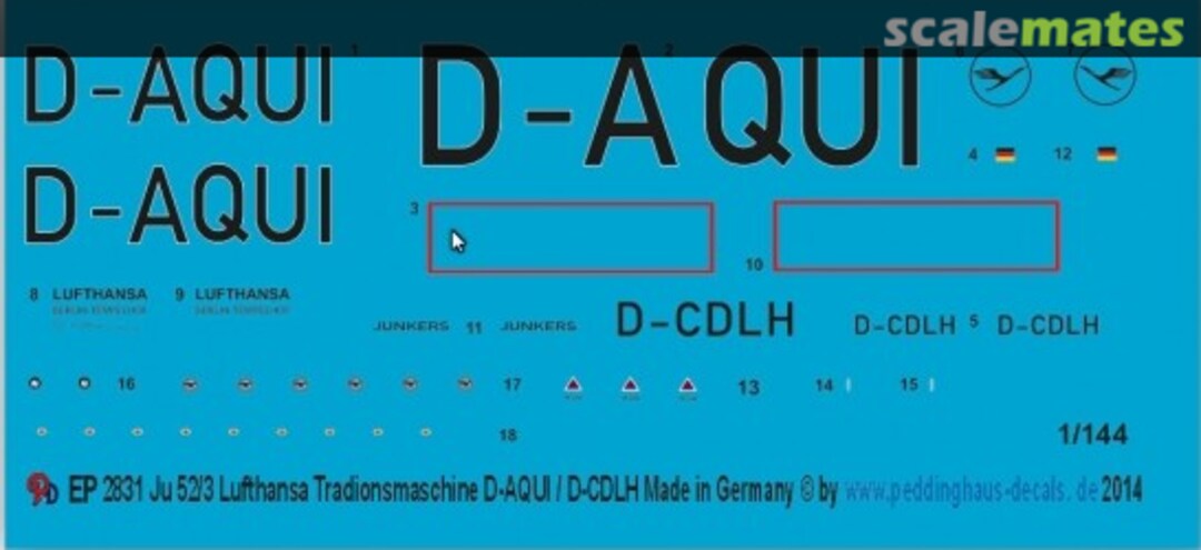 Boxart Ju 52/3 Lufthansa Tradionsmaschine D-AQUI / D-CDLH EP 2831 Peddinghaus-Decals