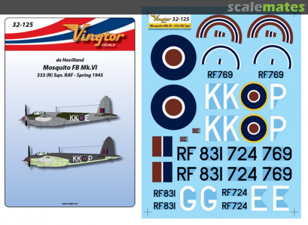 Boxart de Havilland Mosquito Mk.VI - 333 (N) Sqn. RAF Spri 32-125 Vingtor Decals