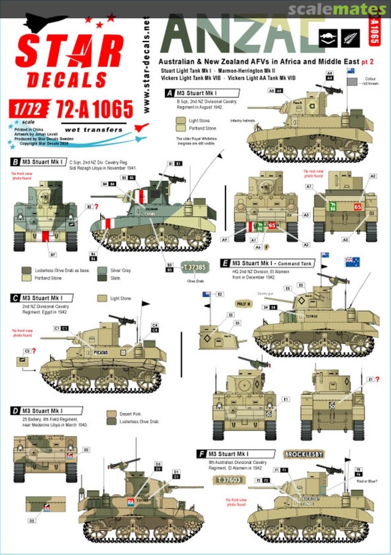 Boxart ANZAC Australian & New Zealand AFVs in Africa and Middle East pt 2 72-A 1065 Star Decals