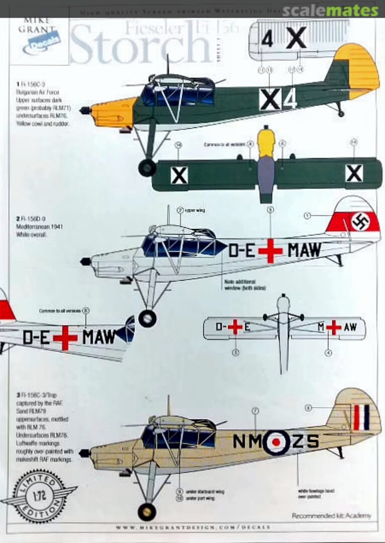 Boxart Fieseler Fi 156 Storch Sheet No. 1 MG 72-007 Mike Grant Decals