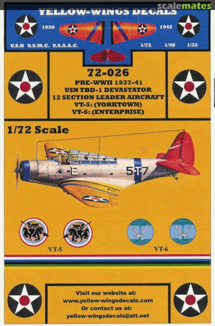 Boxart Pre-WWII 1937-41 USN TBD-1 Devastator 72-026 Yellow-Wings Decals