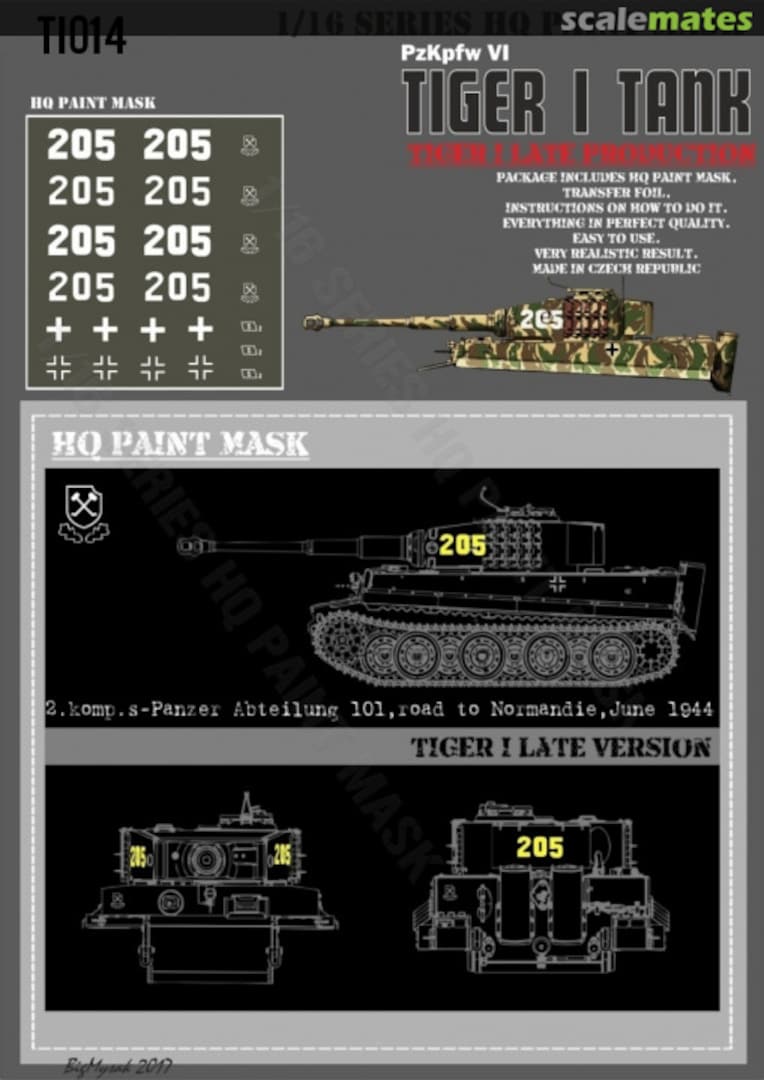 Boxart Tiger I #205 Mid Production 2.Komp.s-Pz.Abt.101 road to Normandy June 1944 Michael Wittman Paint Mask TI 014 HQ-Masks