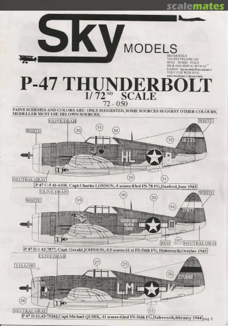 Contents Republic P-47 Thunderbolt 72-050 Sky Models