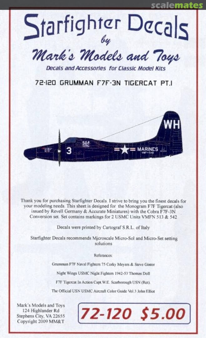 Boxart Grumman F7F-3N Tigercat 72-120 Starfighter Decals