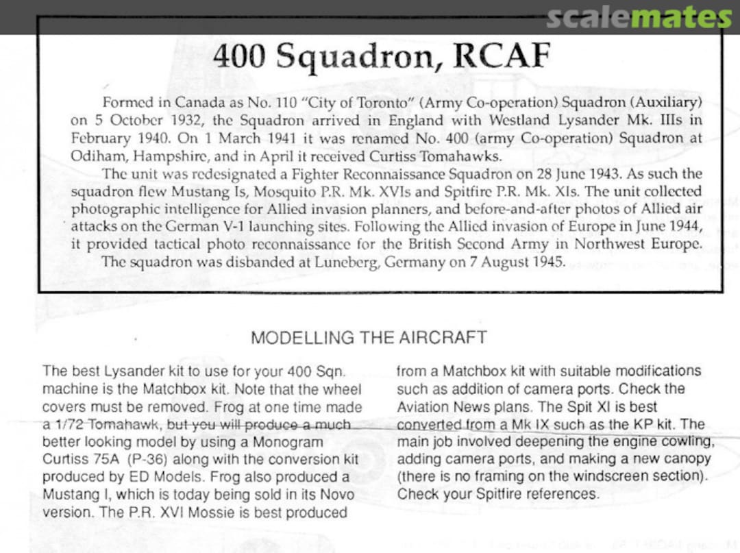 Contents 400 Sqn., RCAF  IPMS Canada