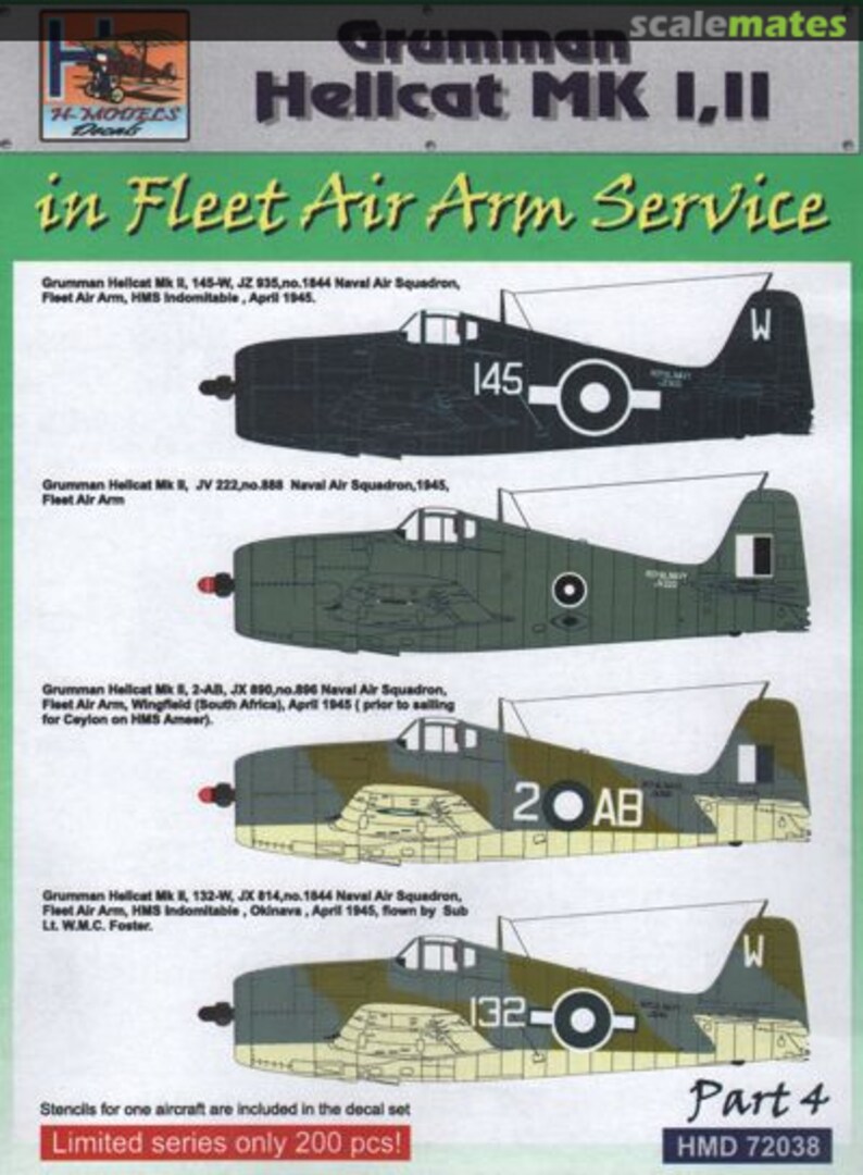 Boxart Grumman Hellcat Mk.I, Mk.II in Fleet Air Arm Service HMD72038 H-Models Decals