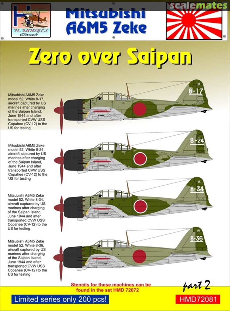 Boxart Mitsubishi A6M5 Zeke over Saipan, Part 2 HMD72081 H-Models Decals