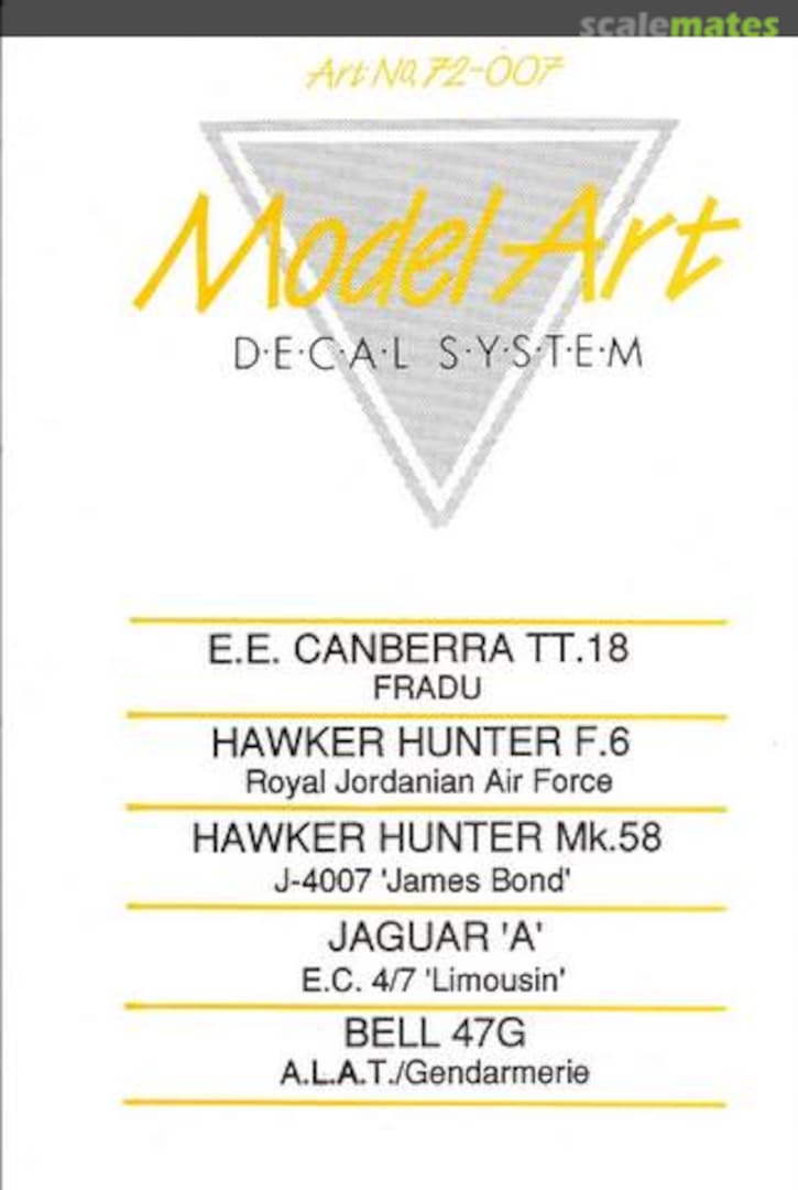 Boxart Canberra TT.18; Hunter F.6; Hunter Mk.58; Jaguar A; Bell AB-47 G 72/007 Model Art Decal System