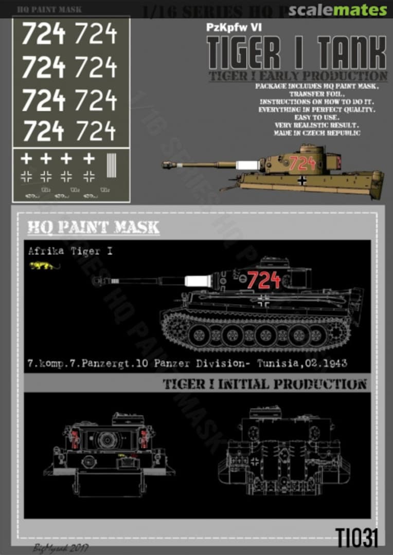 Boxart Tiger I #724 Initial Production 7.komp 7.Pz.Rgt. 10 Panzer Division - Tunisia 02.1943 Afrika Paint Mask TI 031 HQ-Masks