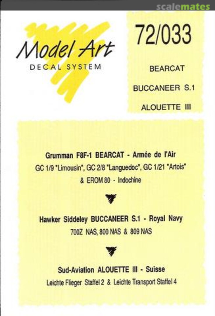 Boxart Grumman F8F-1 Bearcat; Hawker Siddeley Buccaneer S.1; Sud-Aviation Alouette III 72/033 Model Art Decal System