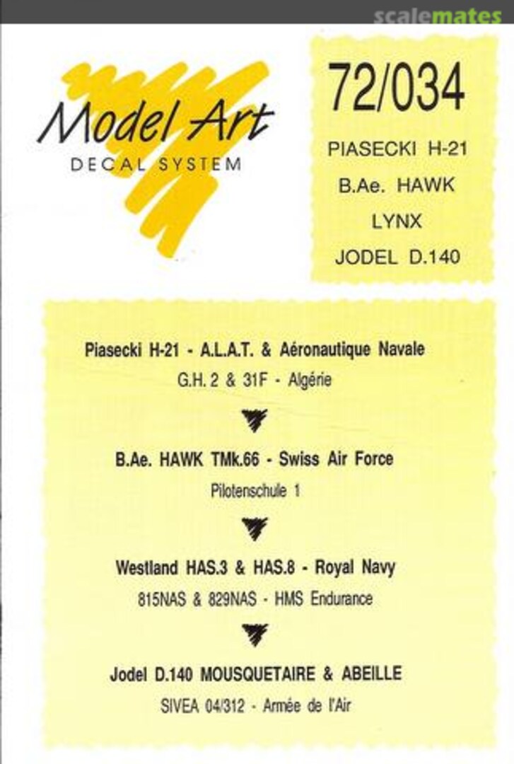 Boxart Piasecki H-21; BAE Hawk; Westland HAS.3 & 8; Jodel D.140 Mousquetaire 72/034 Model Art Decal System