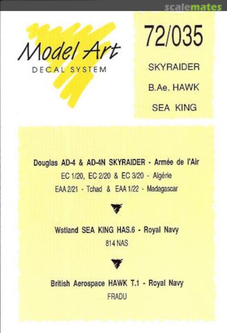 Boxart AD-4 & AD-4N Skyraider, Sea King HAS.6, Hawk T.1 72/035 Model Art Decal System