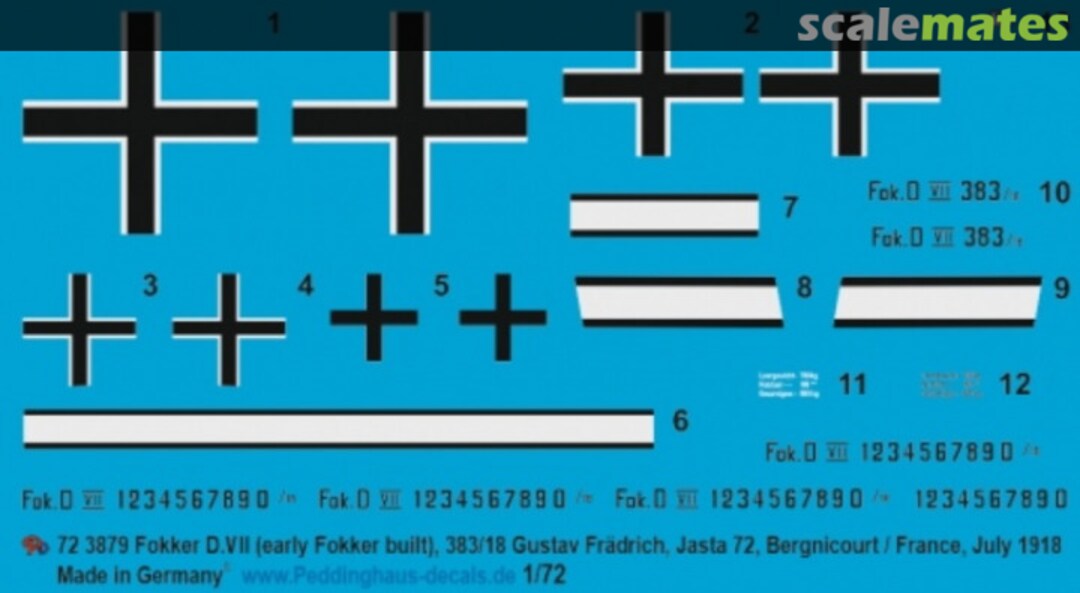 Boxart Fokker D.VII (early Fokker built), 383/18 Gustav Frädrich, Jasta 72, Bergnicourt/France, July 1918 72 3879 Peddinghaus-Decals