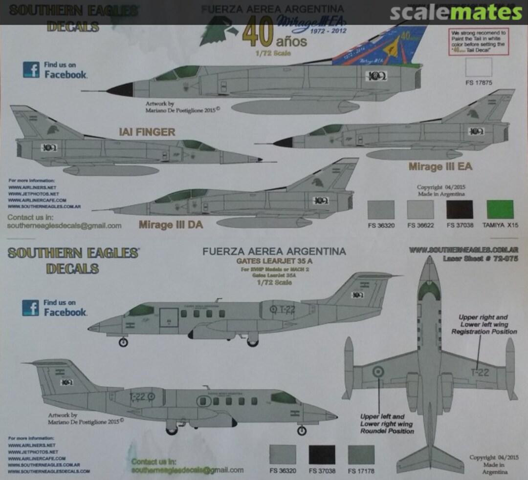 Boxart 40 años Mirage IIIEA / Gates Learjet 35 72075 Southern Eagles Decals