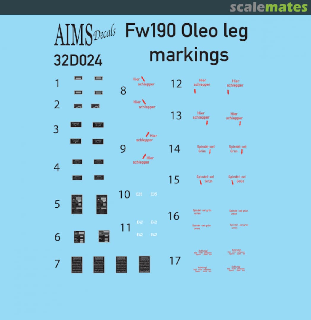 Boxart Focke-Wulf Fw-190A/Fw-190F/Fw-190D oleo leg markings for 2 aircraft 32D024 AIMS