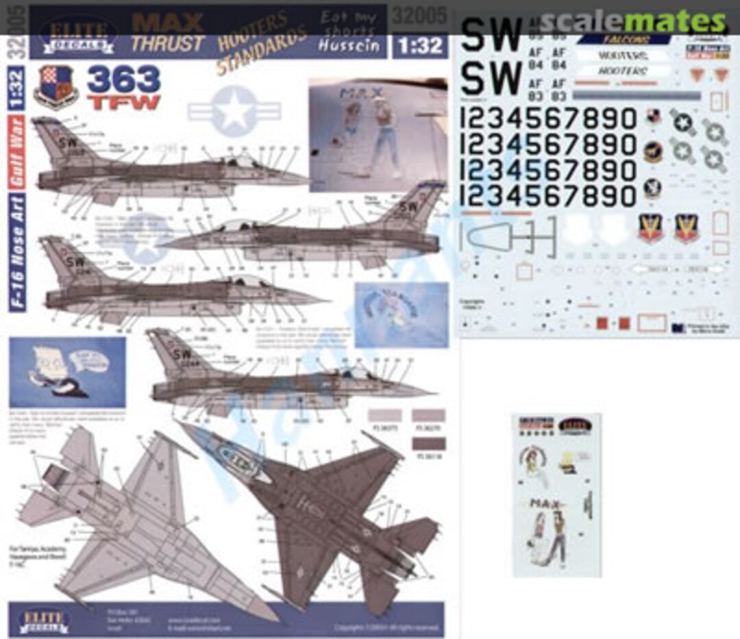 Boxart Gulf War F-16 Nose-art "Max Thrust", "Hooters Standards" & "Eat my shorts Hussein" ED-32005 Elite Decals