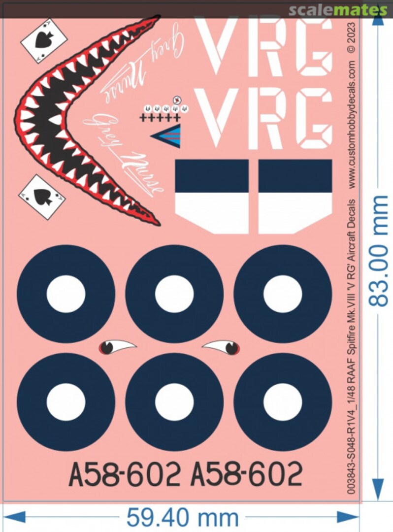 Boxart RAAF Spitfire Mk VIII 'V RG' 003843-S024-R1V4 Custom Hobby Decals