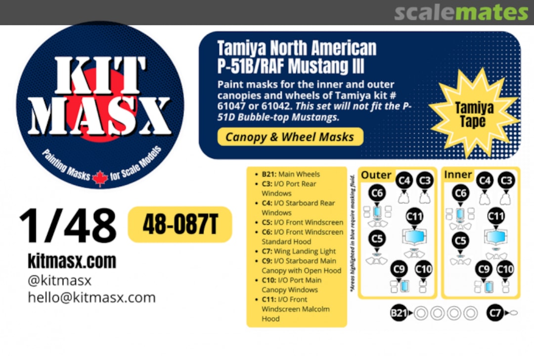 Boxart North American P-51B/RAF Mustang III, canopy & wheel masks 48-087T Kit Masx