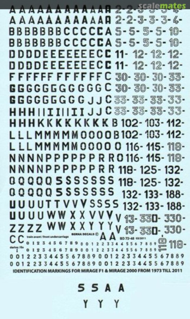 Boxart French registrations for Mirage F.1B, F.1C, F.1CR, F.1CT & Mirage 2000B, 2000C, 2000D, 2000N, 2000-5 BD 72-48 Berna Decals