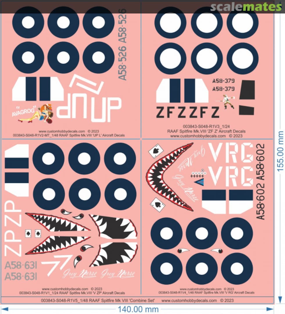 Boxart RAAF Spitfire Mk VIII 'V ZP'-Mk VIII 'UP L'-Mk III 'ZF Z'-Mk VIII 'V RG' 003843-S024-R1V5 Custom Hobby Decals