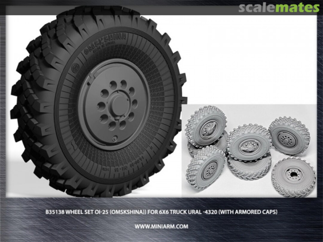 Boxart Wheel Set OI-25 (Omskshina) with Armored Caps for 6X6 Truck URAL-4320 (6pcs plus extra) B35138 Miniarm