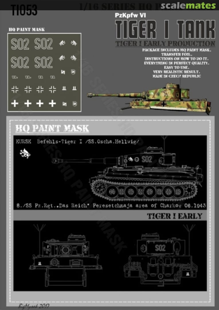 Boxart Tiger I #S02 Early Production Befehls /SS-Oscha.Hellwig/8./Pz.Rgt.Das Reich Peresetchnaja area of Charkow 06 1943 Paint Mask TI 053 HQ-Masks