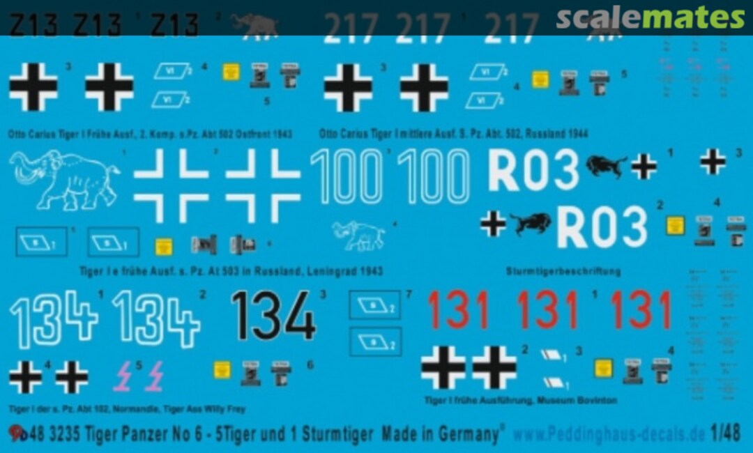 Boxart Tiger tanks N° 6 - 5 Tiger tanks and 1 Sturmtiger 48 3235 Peddinghaus-Decals