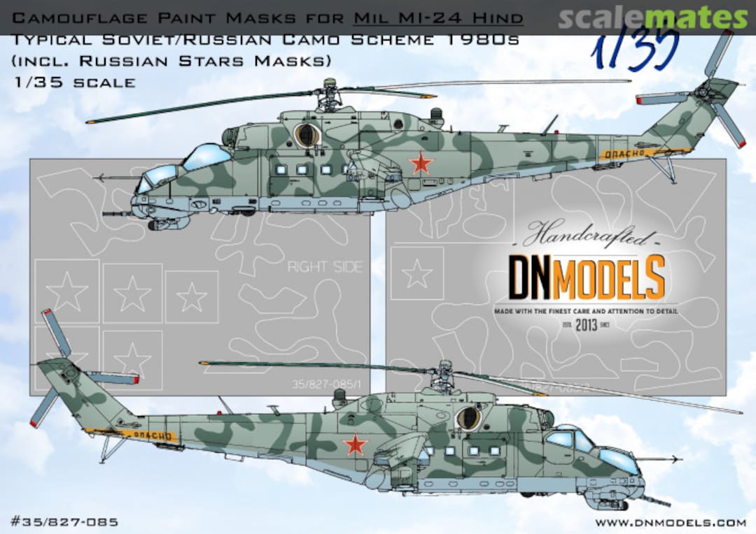 Boxart Mil Mi-24 Hind Attack Helicopter 1980s Standard Soviet Camo + Red Stars 35/827-085 DN Models