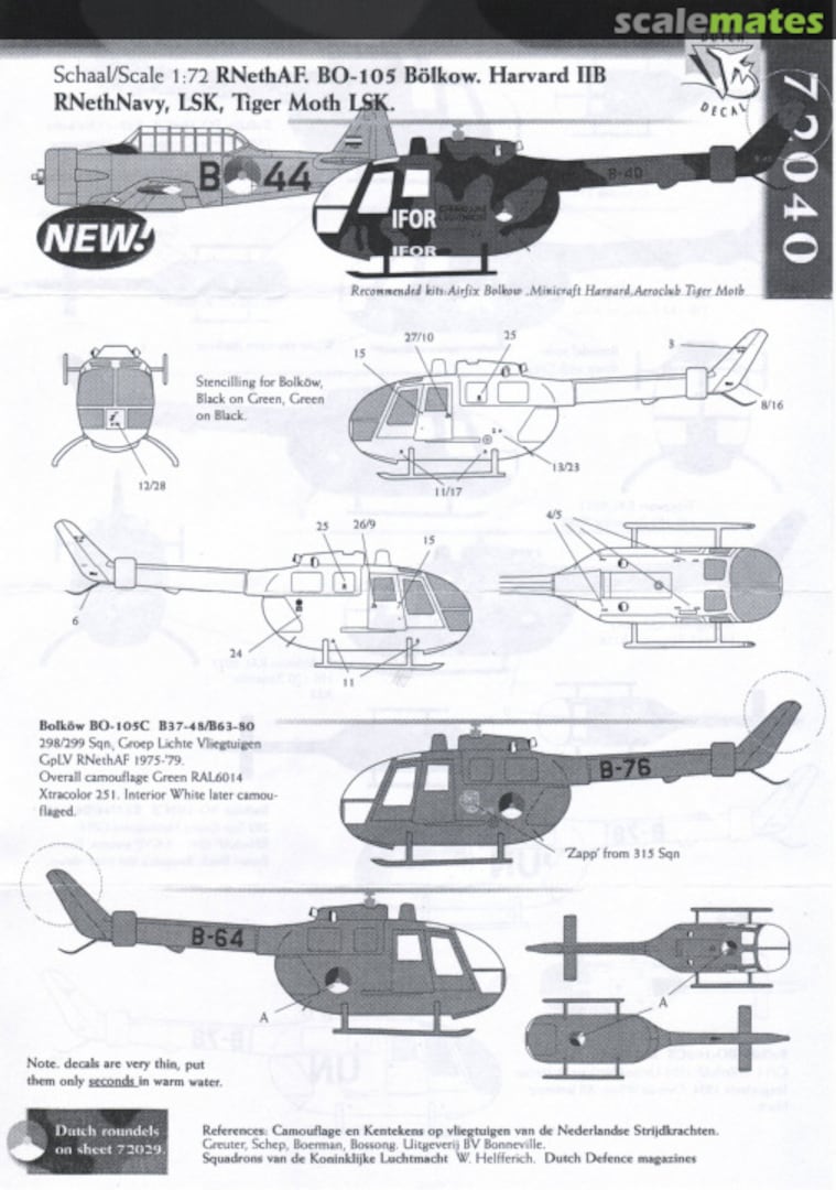 Boxart RNethAF Bo-105 Bölkow, Harvard IIB RNethNavy, LSK, Tiger Moth LSK 72040 Dutch Decal