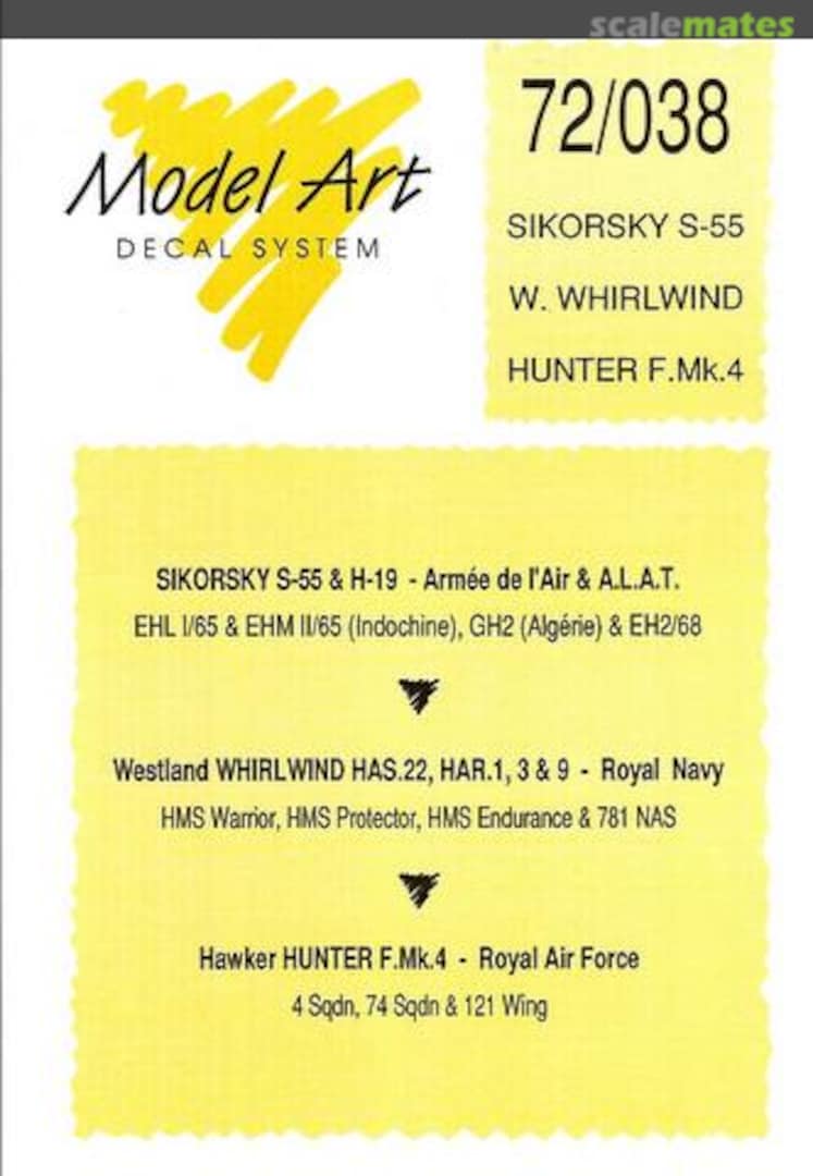 Boxart Sikorsky S-55 & H-19, Westland Whirlwind, Hunter F.Mk4 72/038 Model Art Decal System