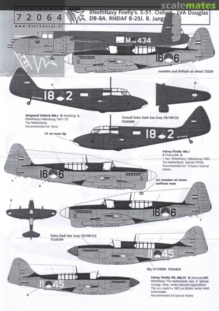 Boxart RNethNavy Firefly's, S-51, Oxford, LVA Douglas DB-8A, RNEIAF B-25J, Jungman 72064 Dutch Decal